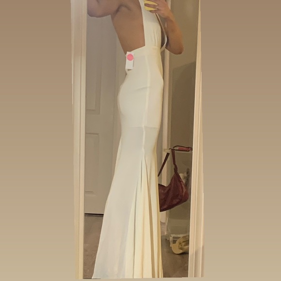 HONEY- ivory halter maxi formal dress with an open back and mermaid bottom. - Picture 2 of 7